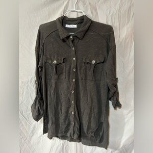 Free People Shirt Womens Green Top Linen Blend Woven Roll-Tab Sleeves XS